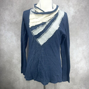 Desigual Womens XL Patchwork Shawl Scarf Neck Sweater Denim Blue Ivory Lace Cozy